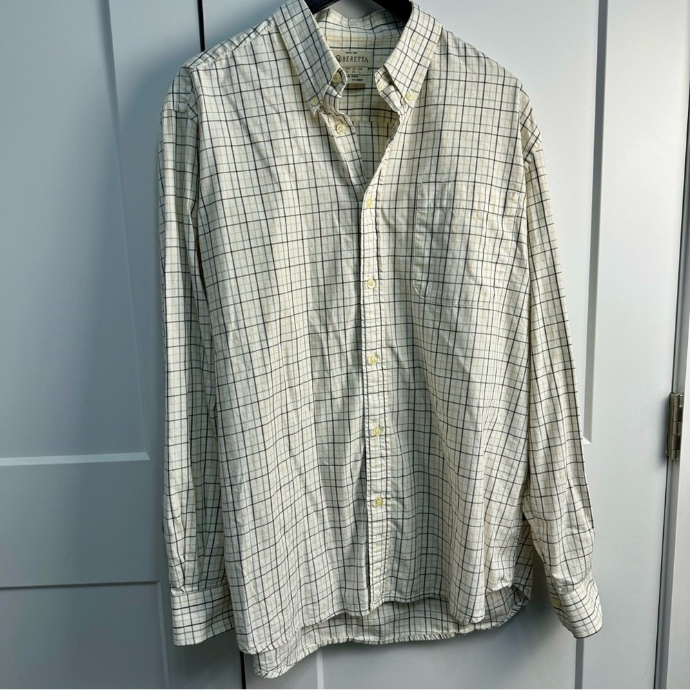 Beretta Long Sleeve Button Down Shirt Men's L cream, gold, brown plaid